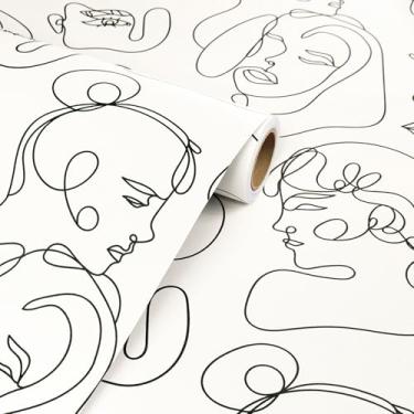 Imagem de Livelynine Papel de parede de rosto abstrato 44,5 x 701 cm Descasque e cole bege creme preto e branco papel de parede estético para quarto banheiro linhas minimalistas papel de contato moderno