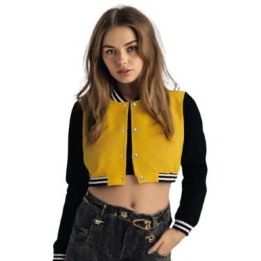 Imagem de Jaqueta Cropped Colegial Moletom Feminina Sem Bolso - Calttony, Amarel
