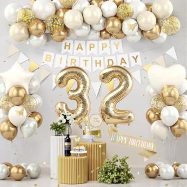 Imagem de Decorações de aniversário de 32 anos, decorações de festa de aniversário de ouro branco para mulheres e homens, balões de creme boho bege suprimentos de festa com faixa, faixa brilhante, topo de bolo
