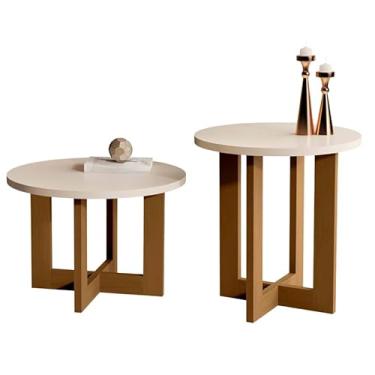 Imagem de Conjunto 1 Mesa Lateral e 1 Mesa De Centro Redonda Madeira Estilo Retrô Para Sala De Estar Decoração