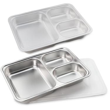Imagem de Pratos divididos retangulares para adultos (2 pacotes), placa de controle de porção de aço inoxidável 304 seccionada com divisórias, pratos de jantar de metal 26 x 18 cm, compartimento leve, sem BPA