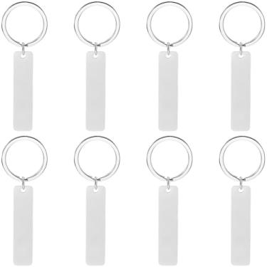 Imagem de SUNNYCLUE 1 caixa 8 peças de chaveiro de metal gravável em branco de aço inoxidável estampado, etiquetas de prata a granel com anel chaveiros de liga para gravação a laser, joias, faça você mesmo