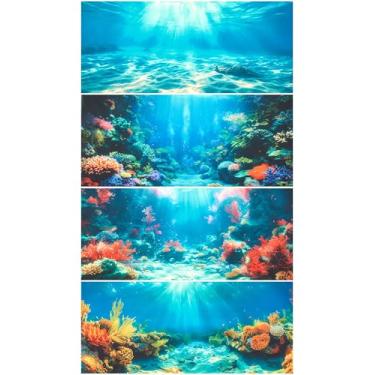 Imagem de Mindsoft Pacote com 4 peças de fundo de aquário poliéster 121 x 61 cm pano de fundo de aquário corais submarinos luz do sol rocha plantas aquáticas papel de parede com fita dupla face