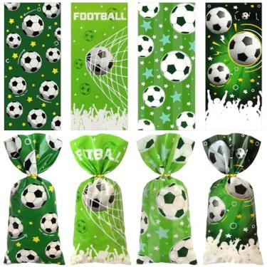 Imagem de 100 unidades de bolsa de petisco de futebol, 4 designs de lembrancinhas de festa de futebol verde, sacos de celofane de doces transparentes com laços torcidos, sacolas plásticas de futebol para