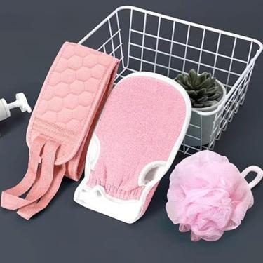 Imagem de Kit 3 Peças Acessórios Para Banho Chuveiro Luva e Faixa Esfoliante Limpeza Corporal Esponja Bucha de Nylon Macia (1 KIT)