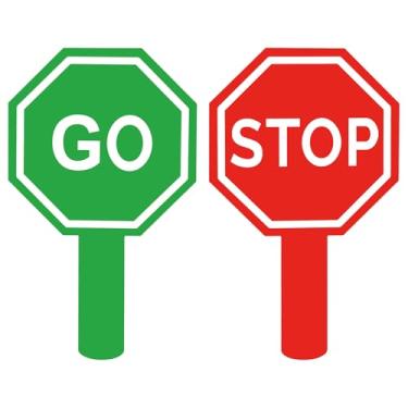 Imagem de Pacote com 2 placas Stop and Go com alça, 25 cm x 15 cm, placa refletiva de aviso lento de rua de 25 cm x 15 cm (vermelho, verde)
