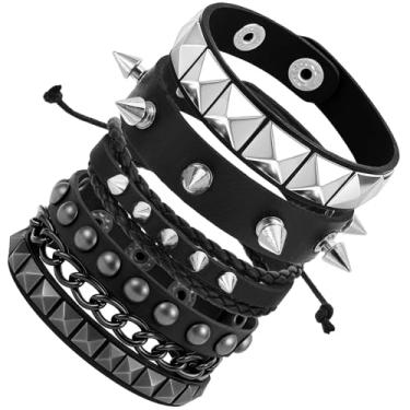 Imagem de PEOVLVN 4 peças de pulseiras cravejadas, pulseiras góticas ajustáveis de couro punk rock para homens e mulheres dos anos 80 acessórios emo joias góticas, One Size, Sem Pedra Preciosa