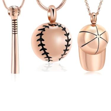 Imagem de Hearbeingt Colar de urna para cinzas, 3 peças, joia de urna memorial de beisebol, pingente de lembrança, joia para mulheres, homens, tacos de beisebol, beisebol, boné de beisebol, urna, Aço