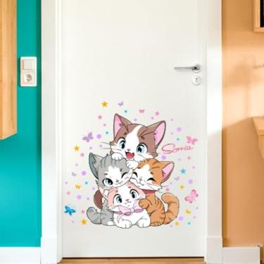 Imagem de Adesivo Infantil Estilo Kawaii Gatos Lavável Seguro Para Porta ou Parede Fácil Aplicação Quarto Bebê Menino Menina