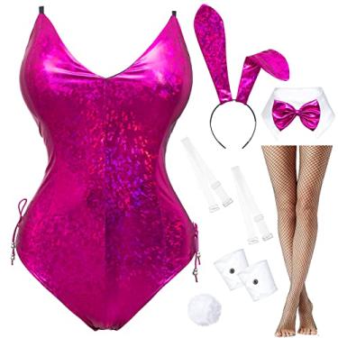 Imagem de Conjunto de meias femininas com brilho holográfico de menina coelho brilhante fantasia Senpai cosplay body de uma peça (M roxo)