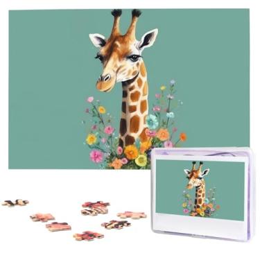 Imagem de Quebra-cabeça de girafa com flores, 1000 peças de quebra-cabeça personalizado de madeira para adultos, imagem de família, presentes para casamento, aniversário, dia dos namorados (75 x 50 cm)