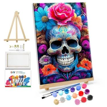Imagem de JOOZ Kit de pintura por números para adultos com moldura, pintura de caveira por número, com cavalete de caveira com pintura de flor por número com moldura, kits de pintura a óleo digital faça você