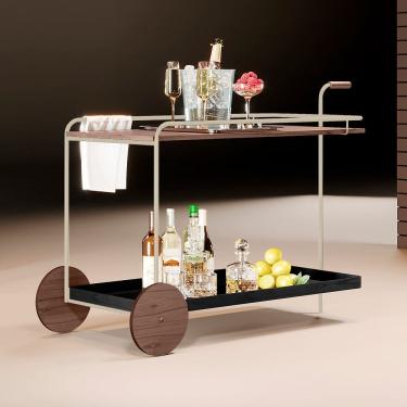 Imagem de Carrinho Bar Agnes com Rodízios e Prateleiras Castanho Estrutura Metálica Champagne