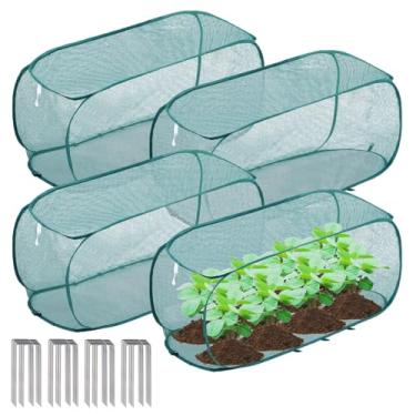 Imagem de TIMSO 4 capas de cama de jardim pop-up para jardim 99 x 45 x 40 cm, rede protetora de plantas com estacas de solo - capas de jardim para vegetais, canteiros elevados, protetor de flores de mudas de