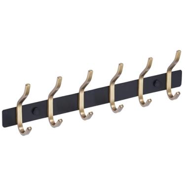 Imagem de AZW Suporte de parede para cabideiro, ganchos de metal resistente de aço inoxidável para pendurar para roupões, bolsas, chaves, chapéu, roupas e toalhas de banheiro (preto e dourado, 6 ganchos)