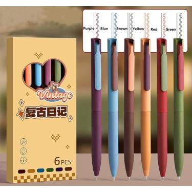 Imagem de T-shin Canetas esferográficas vintage, 6 tonalidades exclusivas, canetas coloridas de clique, canetas de gel de secagem rápida suaves de 0,5 mm para estudantes, material escolar, canetas