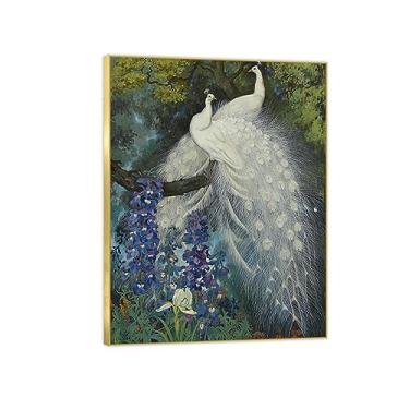 Imagem de Pintura famosa arte de parede - pavões e delfínio-animal impressão em tela - pintura de arte para decoração de parede de sala de estar - pôster de reproduções 80 x 105 cm 31 x 41 polegadas moldura