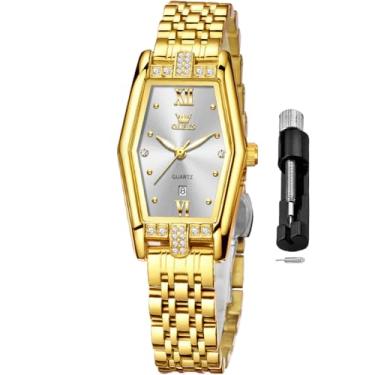Imagem de OLEVS Relógio feminino quadrado, analógico, pequeno, feminino, aço inoxidável, à prova d'água, luminoso, dois tons, conjunto moderno para senhora, Relógio prateado com cronógrafo, relógio feminino