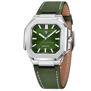 Imagem de Relógio octogonal Pagani Design com vidro de safira, caixa prateada, pulseira de couro azul marinho, 37 mm, movimento japonês TMI VH31, Verde floresta, Luxuoso