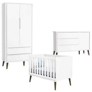 Imagem de Quarto De Bebê Theo 2 Portas Com Cômoda Com Porta Branco Acetinado Com Pés Amadeirado - Reller