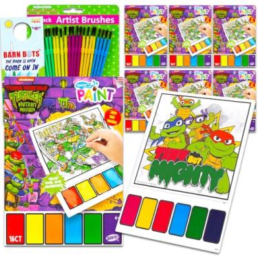 Imagem de Teenage Mutant Ninja Turtles Conjunto De Lembrancinhas Para Festa "Tartarugas Mutantes Adolescentes" - Pacote Com 6 Livros Atividades Pintura Em Aquarela Tmnt Meninos, Pincéis, Suprimentos A Granel