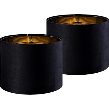 Imagem de GO&SO Abajur de veludo preto conjunto de 2 abajures grandes de tambor - 41 cm superior x 40,6 cm inferior x 30,5 cm de altura (aranha) abajur de tecido tradicional para candeeiros de mesa - Abajur de