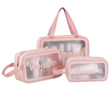 Imagem de Kit 3 Necessaire Transparente Organizador Maquiagem Bolsa Para Produtos Maternidade Bebe Viagem Impermeável Leve Fácil Limpar (Rosa)