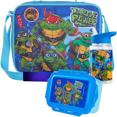 Imagem de Get Trend Conjunto infantil de garrafa de água Tartarugas Ninja Teenage Mutant Lancheira, Lancheira, 3 peças com isolamento térmico para presente de viagem escolar para crianças (azul TMNT)