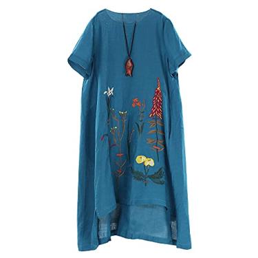 Imagem de Minibee Vestido feminino bordado de linho, vestido de verão, evasê, túnica, roupa de verão, Aço azul, XXG