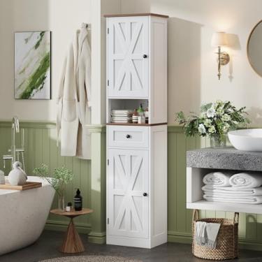 Imagem de Armário de banheiro de altura de 170 cm, armário de armazenamento estreito com 2 portas de celeiro e 1 gaveta, armários independentes com 5 prateleiras e prateleira de armazenamento aberta para