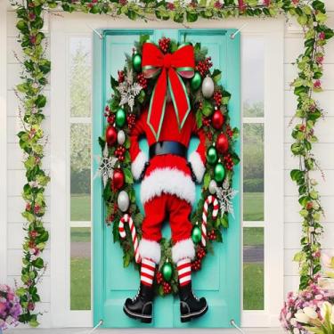 Imagem de BlissYard Capa de porta de Natal, guirlanda de Papai Noel, decoração de entrada de feriado, 89 x 188 cm, banner, cabine de fotos, decoração de festa interna e externa, tecido de poliéster para meninas