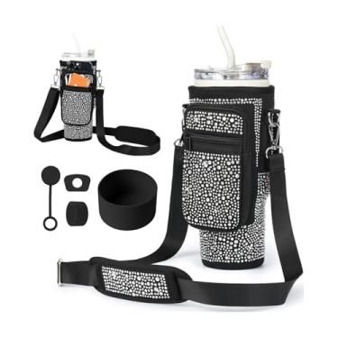 Imagem de Bolsa de transporte para garrafa de água com bolso para telefone Stanley 1,134 g Dimond, bolsa de neoprene para garrafa de água com alça ajustável com tampa de canudo e mosquetão para acessórios