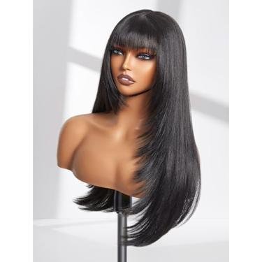 Imagem de GORGIUS Peruca preta sem cola com franja longa e reta em camadas para colocar e ir cortina franja peruca pré-branqueada peruca com couro cabeludo verdadeiro realista, atualizada com fibra sintética