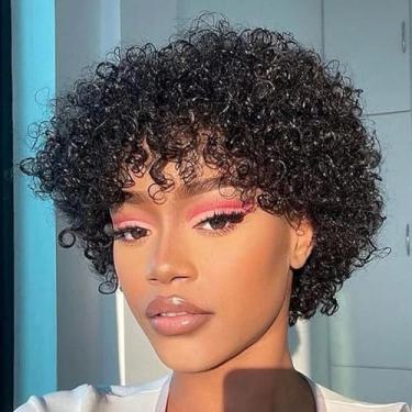 Imagem de Mofyue Pixie Cut Wigs para mulheres negras perucas de cabelo humano curto com franja peruca afro encaracolada cabelo humano curto em camadas peruca Pixie cor preta natural (preto natural 171#)