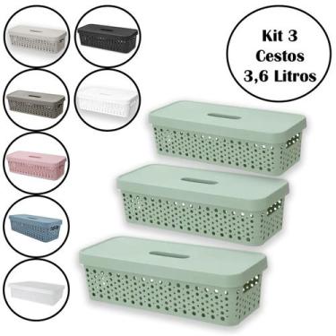 Imagem de Kit 3 Cestos Organizador 3,6 Litros Multiuso Com Tampa - Usual Utilida