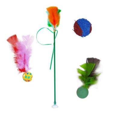 Imagem de Kit de Brinquedos para Gatos Varinha Ventosa Pena e Bolinhas - StilloP