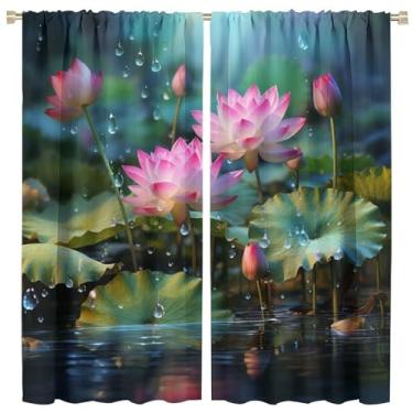 Imagem de Cortina com tema de lótus, gotas de água abstratas na decoração estética de lótus rosa de cortina de paisagem natural, decoração de quarto feminino, sala de estar, cozinha, 2 peças de cortina de