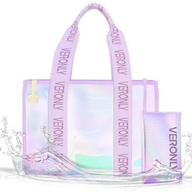 Imagem de VERONLY Bolsa de praia feminina transparente iridescente com zíper para piscina e praia com bolsa de maquiagem e bolsa de telefone à prova d'água essencial de verão (lavanda)