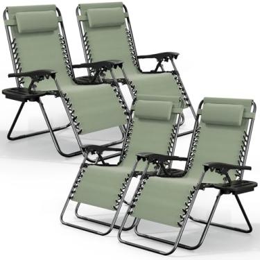 Imagem de Nestl Conjunto de 4 cadeiras de gravidade zero, espreguiçadeira de pátio ao ar livre com travesseiros e bandejas de suporte de copo, cadeira de acampamento reclinável de malha de aço ajustável