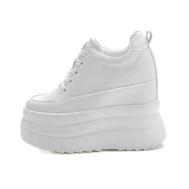 Imagem de JYSGYLT Tênis feminino plataforma preto e branco de 12,7 cm - 8 cm sola grossa 5 cm salto cunha oculto - sapatos plataforma grossa de couro para calçados femininos, Branco, 37