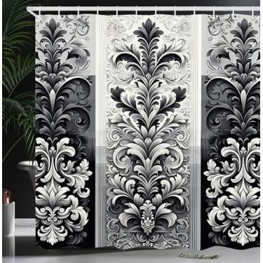 Imagem de Ambesonne Cortina de chuveiro damasco, padrão florido tranquilo, monocromático, arcano, espirais frondosos, design palaciano, conjunto de decoração de banheiro de tecido com ganchos, 175 cm L x 177 cm