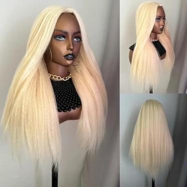 Imagem de Popolex Peruca Yaki Lisa Sem Cola para Mulheres Negras, 45,7 cm Kinky Liso, Peruca Sintética Parte do Meio Cabelo Natural Linha do Cabelo (Bege)