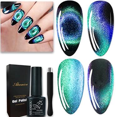 Imagem de AHAMIOU Esmalte de unhas 9D Cat Eye Gel magnético holográfico para olhos de gato com efeito mágico camaleão com bastão magnético (verde e azul)