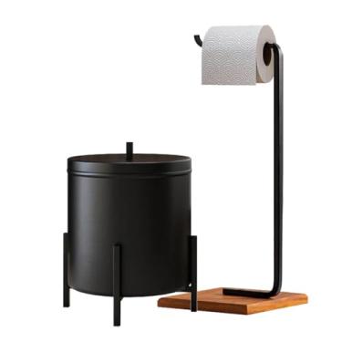 Imagem de Kit Acessórios para Banheiro Lixeira e Suporte Porta Papel Higiênico Base de Madeira - ÉdeCasaMóveis