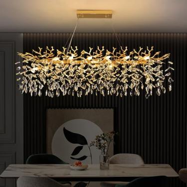 Imagem de Upfelw Lustre de galho de árvore de cristal retangular moderno, L47,3 polegadas luxuoso dourado linear art déco pingente, luminária para cozinha, ilha, sala de estar, sala de jantar, 14 luzes