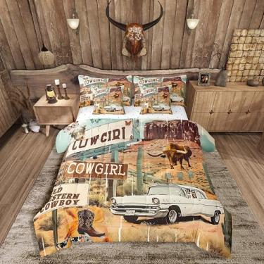Imagem de Feelyou Jogo de edredom asteca ocidental com lençol king size, caubói, vaca, para crianças, adolescentes e adultos, estilo faroeste, rústico, tribal, conjunto de cama para todas as estações, macio