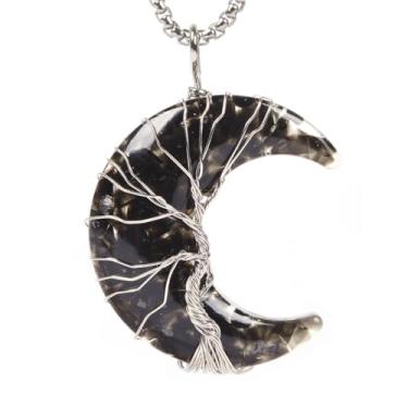 Imagem de Colar feito à mão com pingente de árvore da vida com pingente de resina e lua crescente, 56 cm, Pedra, Obsidiana