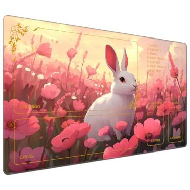Imagem de DEGDFSGR for MTG Playmat with Zones 24 x 14 inches for TCG Playmats Non-Slip Rubber Base Commander Play Mat for Magic Playmat Iorcana Trading Card Game, White Rabbit Pink Flower Clusters