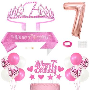 Imagem de Decorações de 7º aniversário para meninas, tiara princesa coroa rainha, It's My 7th Birthday Sash, topo de bolo de 7 anos, conjunto de balões numéricos para artigos de festa, rosa