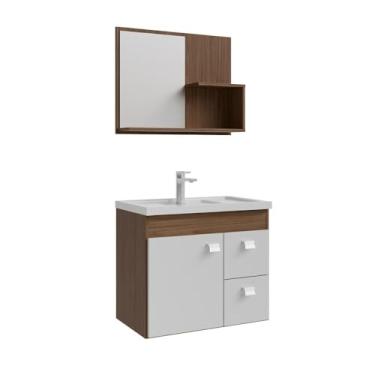 Imagem de Gabinete Suspenso Isa Lavatório Marmorite Espelheira Banheiro 1 Porta 2 Gavetas Marrom e Off White